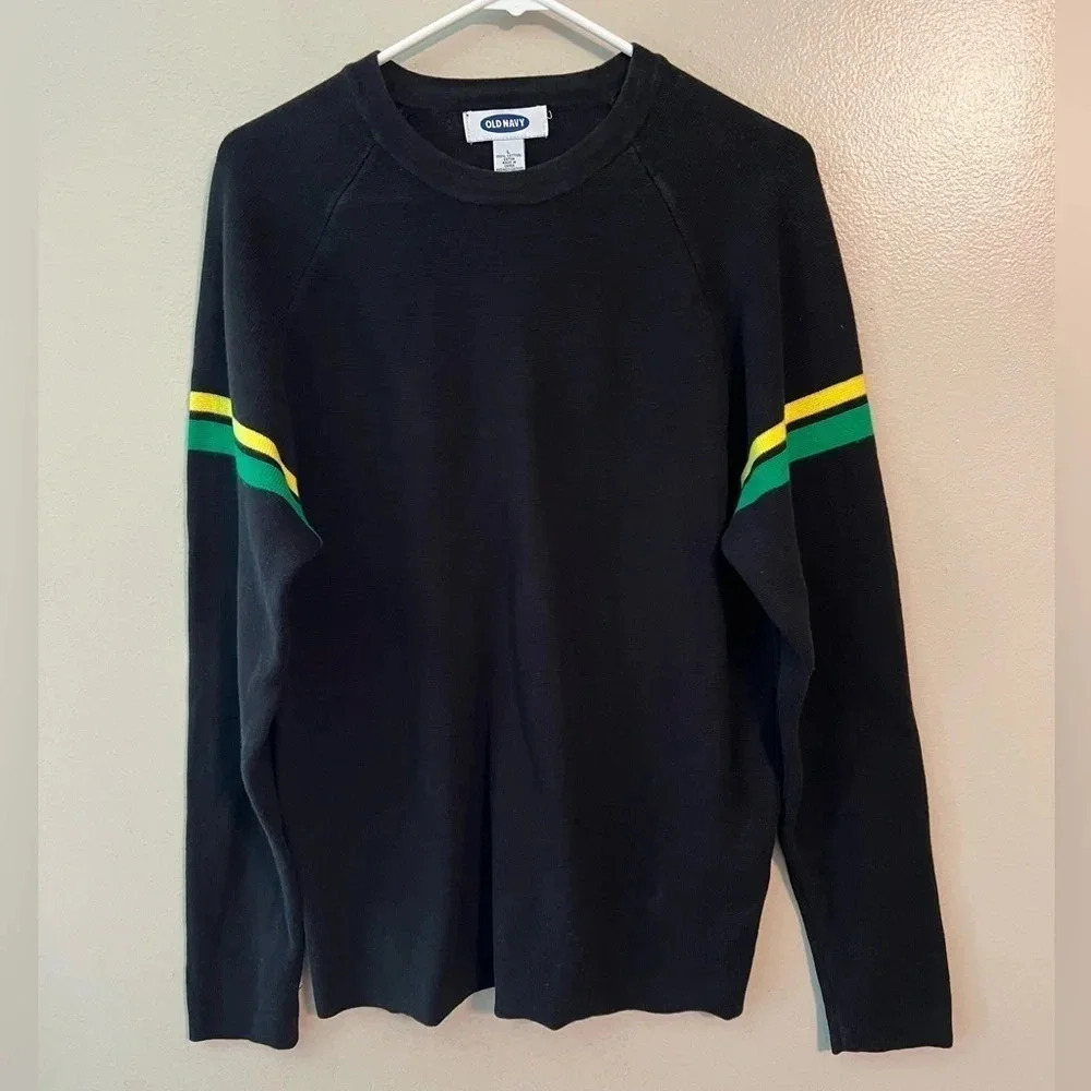 Vintage Old Navy Crew Neck Black Stripe Green Yellow Cotton Unisex Large Sweater